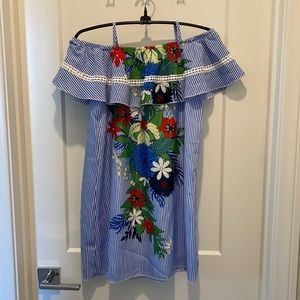 Girls blue and white striped floral sun dress.